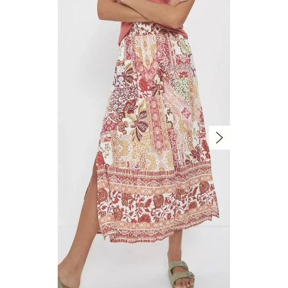 Anthropologie Indira Patchwork Boho Maxi Skirt Pink Rose Smocked Slit Large NEW - Picture 2 of 10